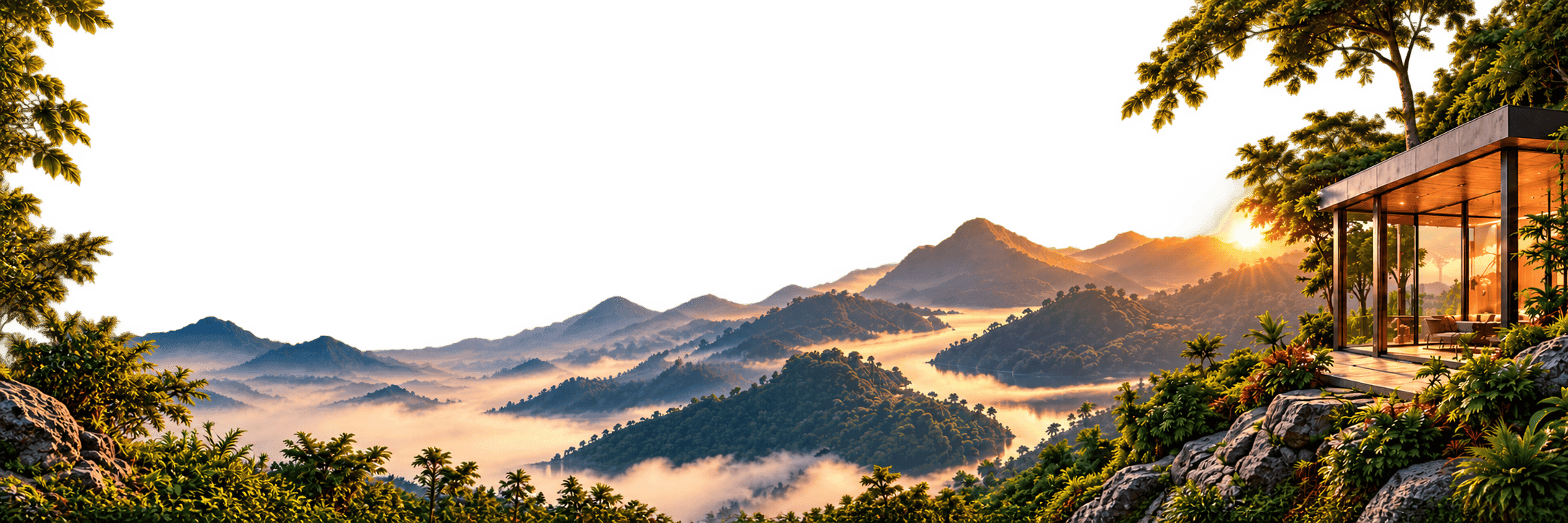 Kerala Western Ghats sunrise and modern tropical villa landscape